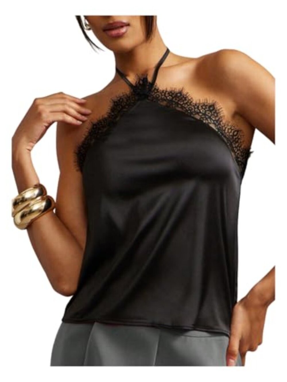 Lace Satin Halter Tank Top Silky Backless Tie Back Date Night Sleeveless